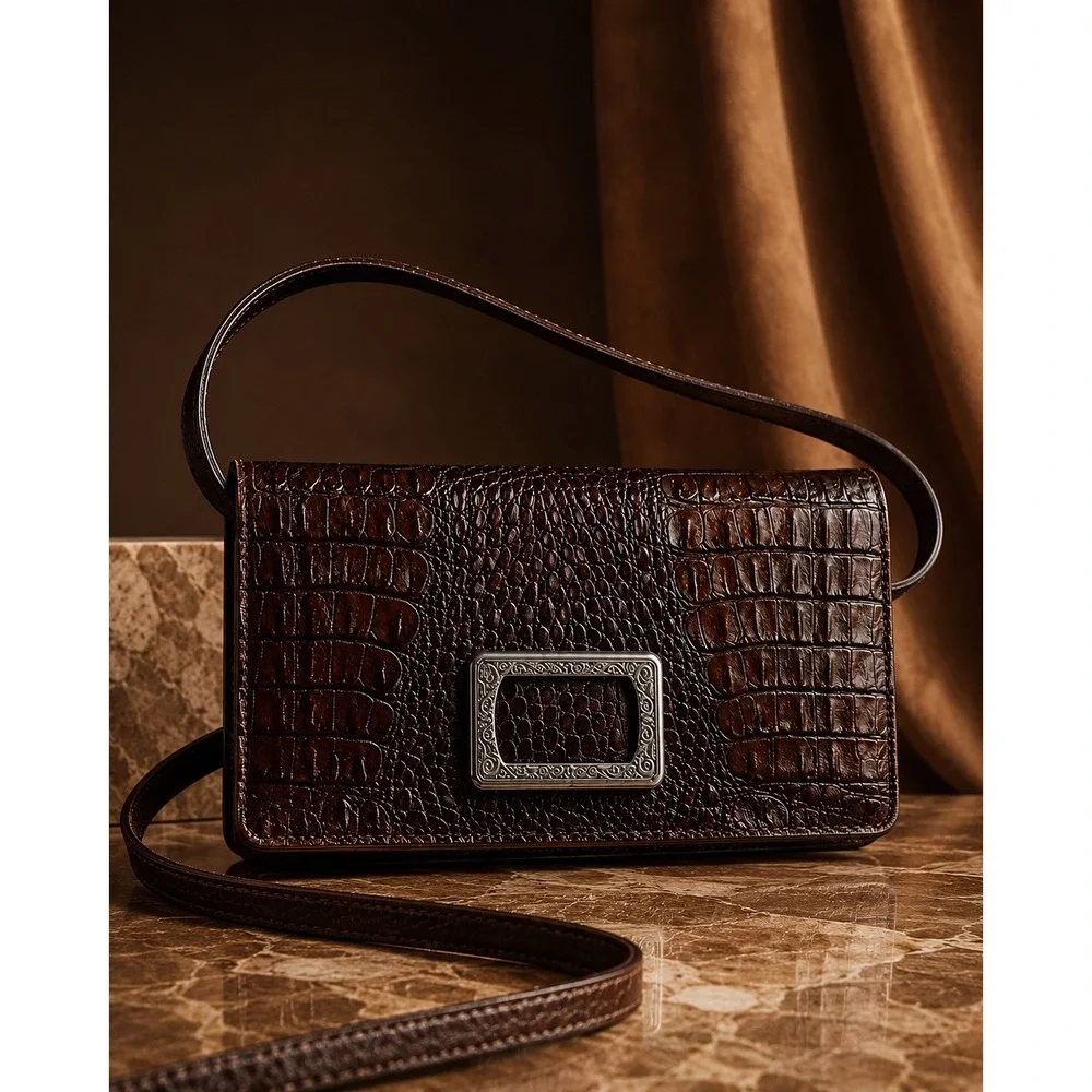 Brighton Brown Croc Embossed Leather Crossbody Shoulder Bag Silver‎ Hardware